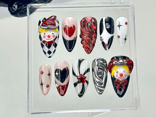 3D Harlequin Clown Press On Nails | Red Black Chrome Swirl Design Fake Nails | Gothic Alt Nail Art | Creepy Cute Clown Nails | HB935YK