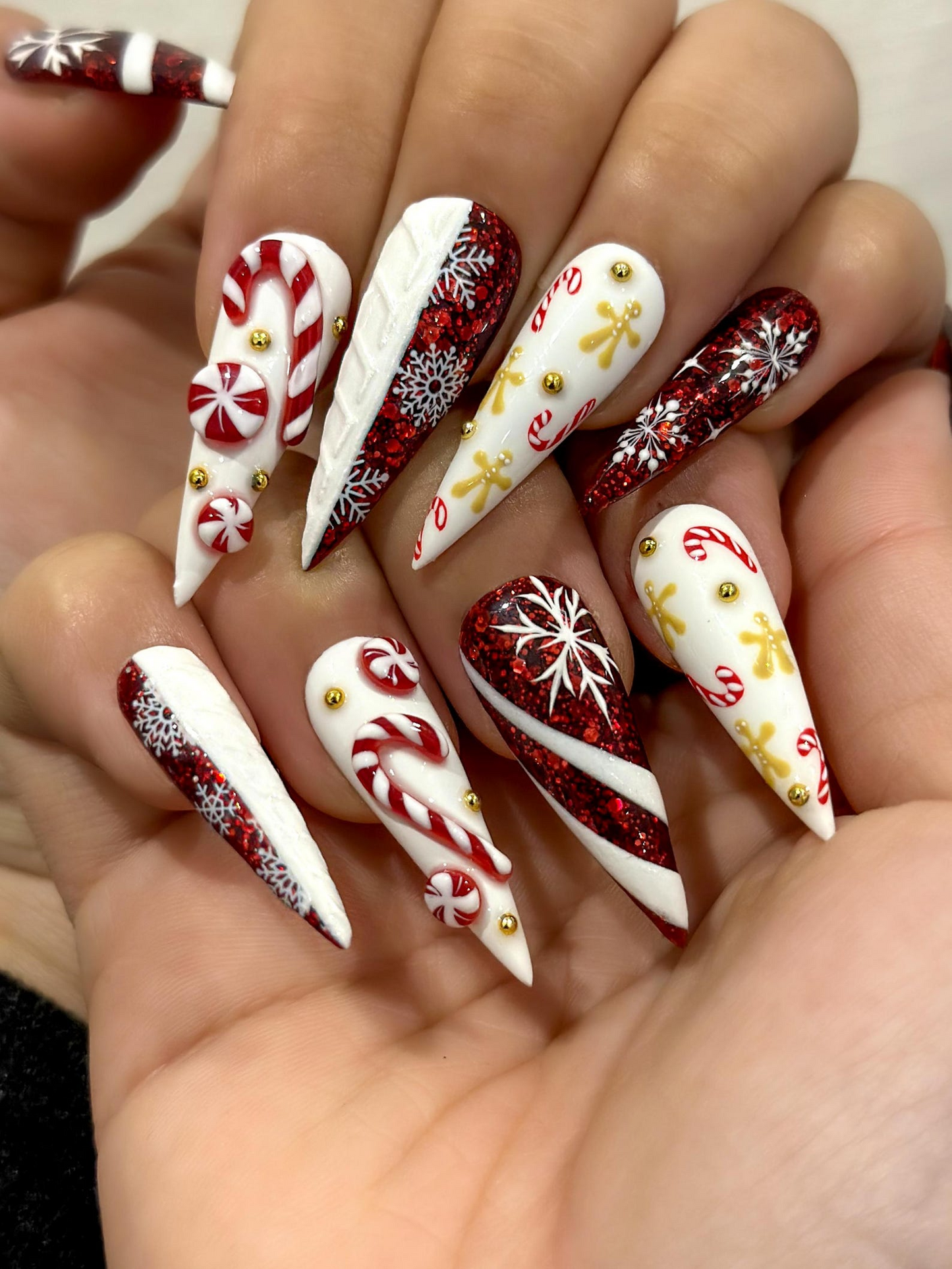 Red Glitter Christmas Press On Nails | Nails | Candy Cane Christmas Nail Art | Holiday Stiletto Nail Art | Luxury Festive Press Ons|HB1210EC