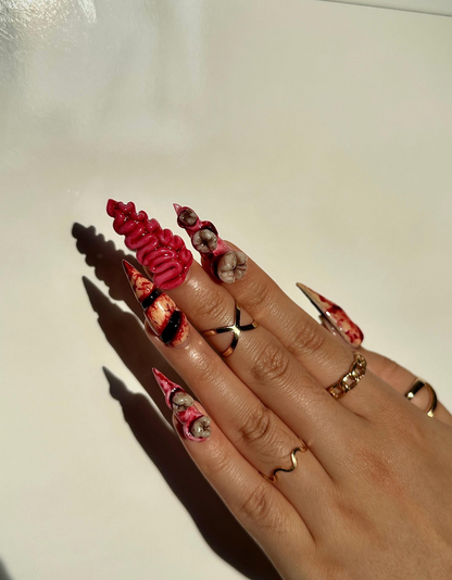Gorecore Horror Halloween Press On Nails | 3D Brain & Bloody Wound Nail Art | Long Creepy Press Ons | Handpainted Halloween Nails | JB112HC
