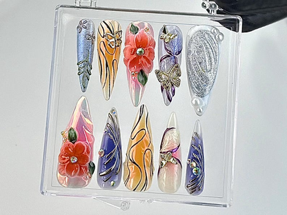 Artistic Butterfly And Floral Press On Nails| Exquisite Handcrafted Design Fake Nails | Nature-Inspired Nail Art |Gorgeous Press Ons|HC662YK