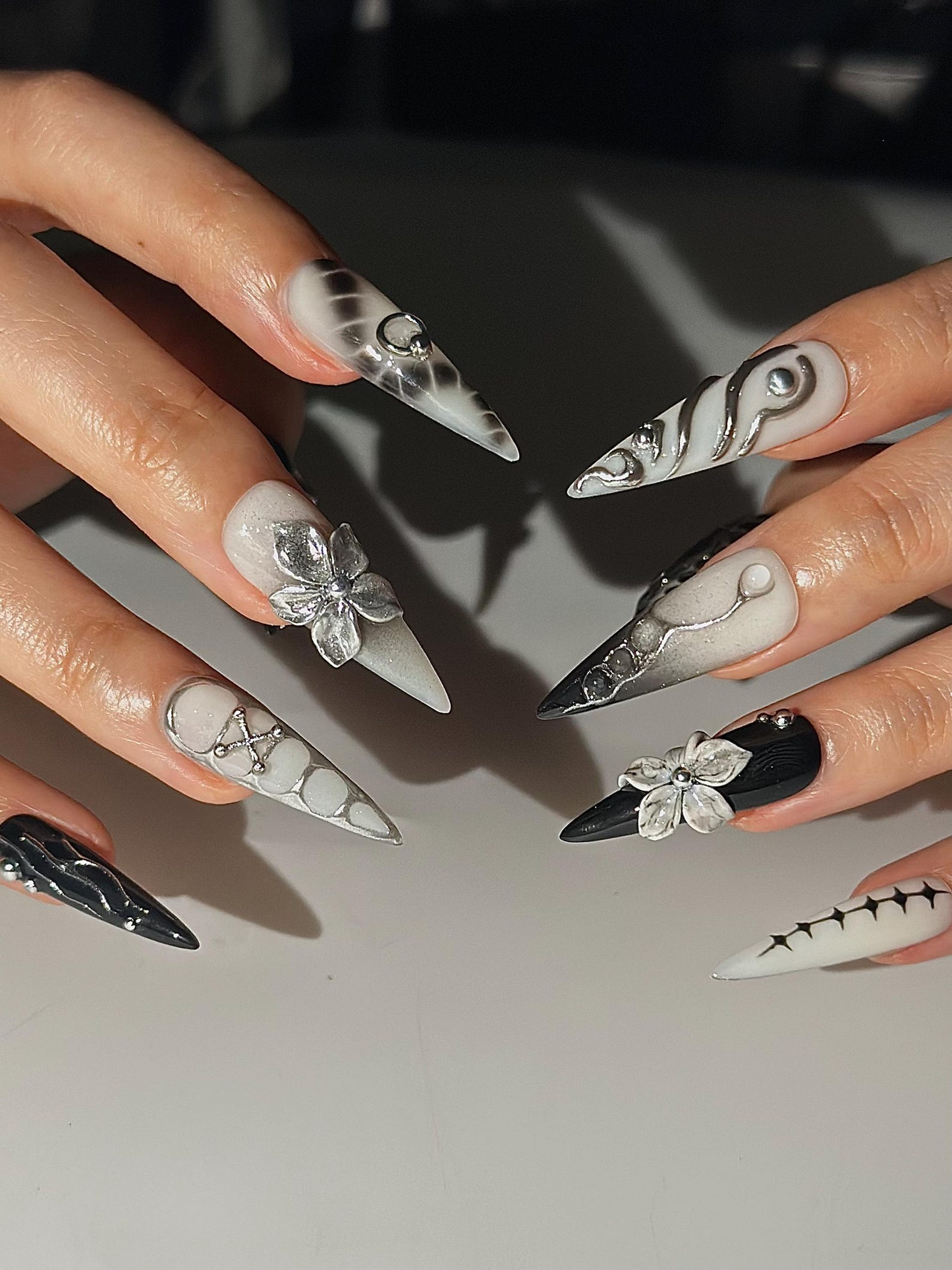 Gothic Silver Flower Press On Nails | Black White Stiletto Nails | Dark Floral Nail Set | Edgy Gothic Nails | Handmade Press Ons | HC1297HC