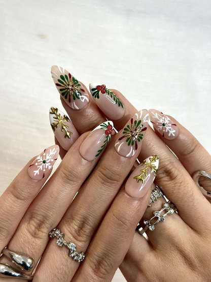 Holly Berry Christmas Press On Nails | Nude Winter Holiday Nails | Elegant Green & Red Press Ons | Festive Minimalist Nail Art | JC243HC