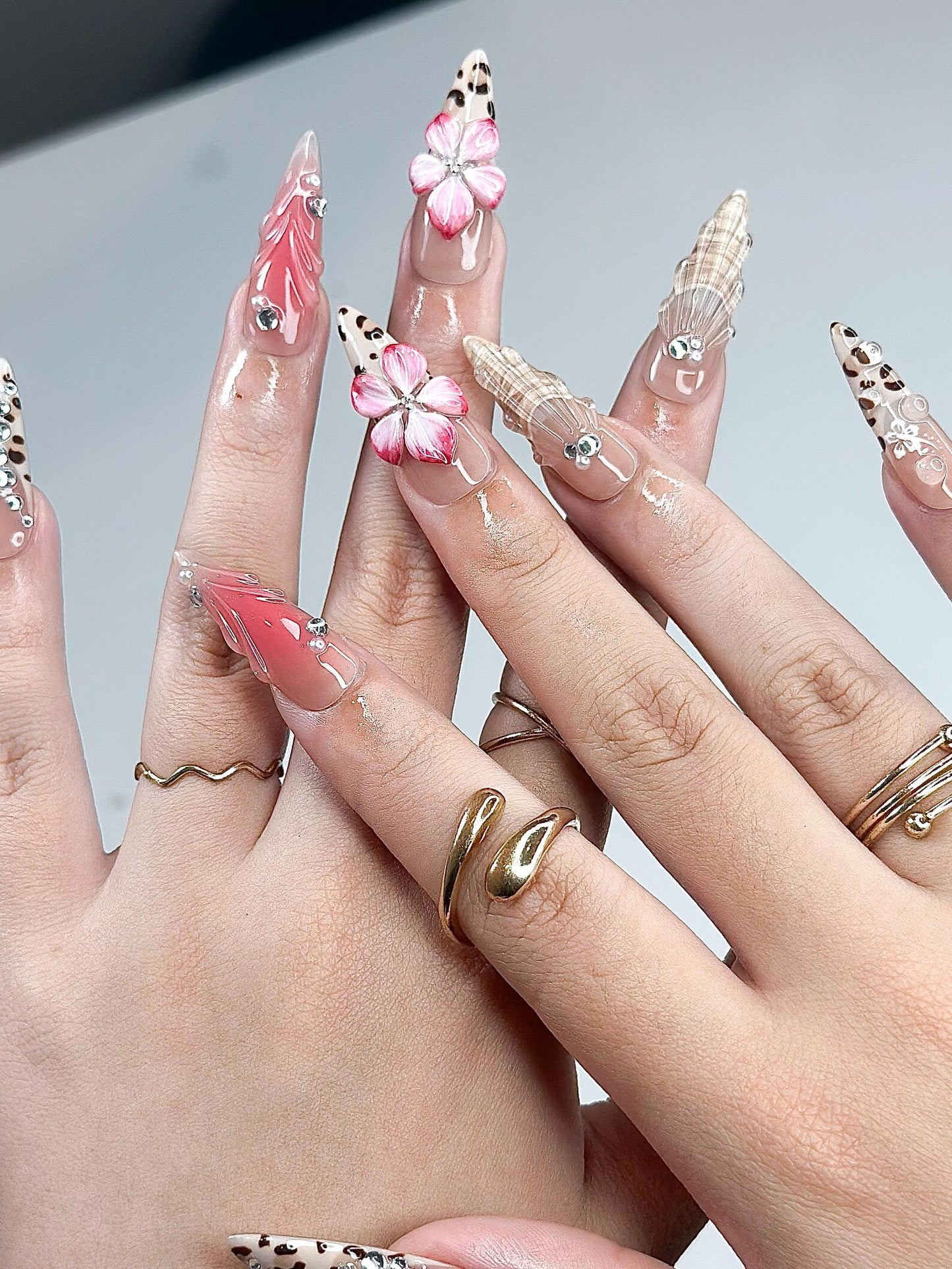 3D Hibiscus Flower & Tropical Muse Nails | Ethereal Goddess Press Ons | Luxury Seashell Art Nails |Nude Pink Floral Summer Nails | JB360IC