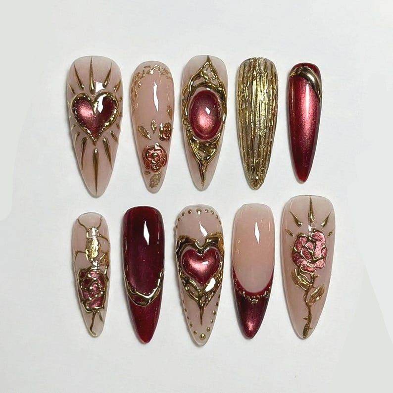 Combo Sweet Blush Hearts Press On Nails 3D Heart Gold Accent Nail Art Handmade Valentine Nail Set | DB16L