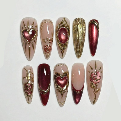 Combo Sweet Blush Hearts Press On Nails 3D Heart Gold Accent Nail Art Handmade Valentine Nail Set | DB16L