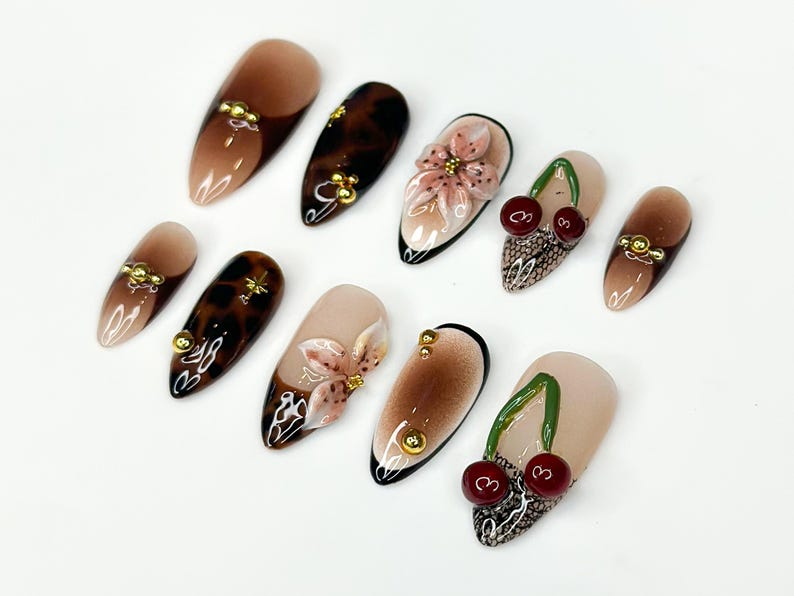 Tortoiseshell Fall Press On Nails | 3D Fruit & Floral Nail Art | 3D Cherry Blossom Nail Design| Handmade Luxury Nail| Elegant Nail | JC187HK