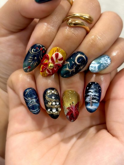 Midnight Santa Press On Nails For Christmas |Celestial Holiday Nail Art | Gold Moon & Constellation Nails |JB226EG