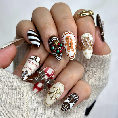 Sweet Harmony Christmas Press On Nails | 3D Bow & Reindeer Design | Gingerbread Cookie Nail Art | Holiday Nail Set | HB1000YG