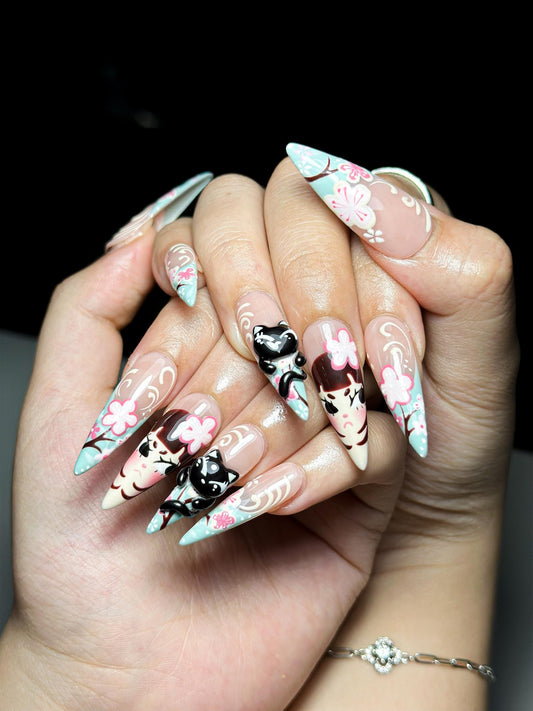 Kawaii Cat Blossom Press On Nails | Cute Anime Cat Nails | 3D Cartoon Nails | Floral Pastel Nails | Long Stiletto Nail Set | JB371NC
