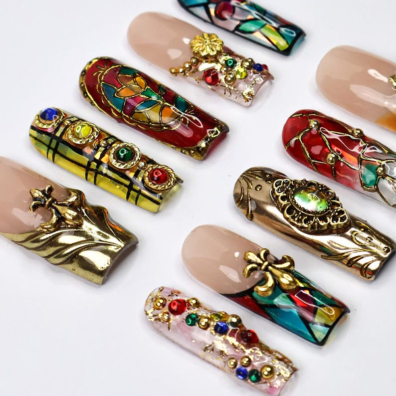 Handmade Baroque 3D Press-On Nails | Stained Glass Vitreaux Design | Long Square Gothic Fake Nails for Holiday, Vacation, Birthday | SKU: DORY-VTX001