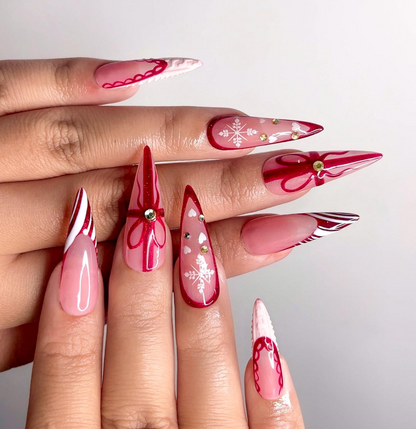 Elegant Burgundy Christmas Press On Nails | Glossy Christmas Nail Art| Winter Holiday Nail Art | Glossy Stiletto Press Ons | HB1194EC