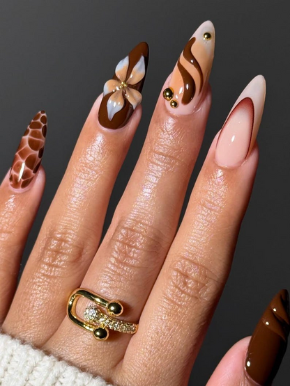 Mocha Bloom Autumn Press On Nails | Brown Nude Gradient Nail Set | 3D Flower & Gold Bead Accents | Luxury Tortoiseshell Nail | HB1102EK