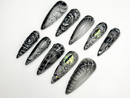 Dragon Gothic Press On Nails | Black 3D Nail Art | Dark Mystic Scale Nails | Handmade Dragon Claw Press Ons | Unique Fantasy Nails | JB801HC