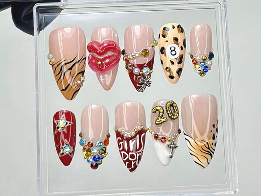 Leopard Rhinestone Press On Nails | Bold Animal Print Fake Nails | Girls Don’t Cry Nail Art | 3D Lips & Crystal Press Ons |Nail Art |HB910YK