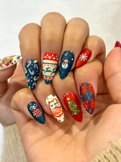 Cozy Teddy Christmas Press On Nails | Festive Winter Nail Art | Cute Bear & Snowman Art | Red Navy Candy Cane Nails | JB234EC