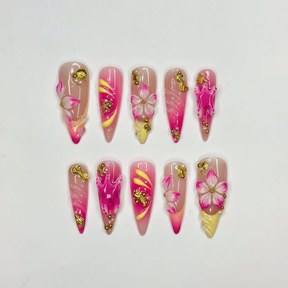 3D Starfish Hibiscus Press On Nails | Neon Pink Yellow Ombre Tropical Summer Fingernails | OB1329IK