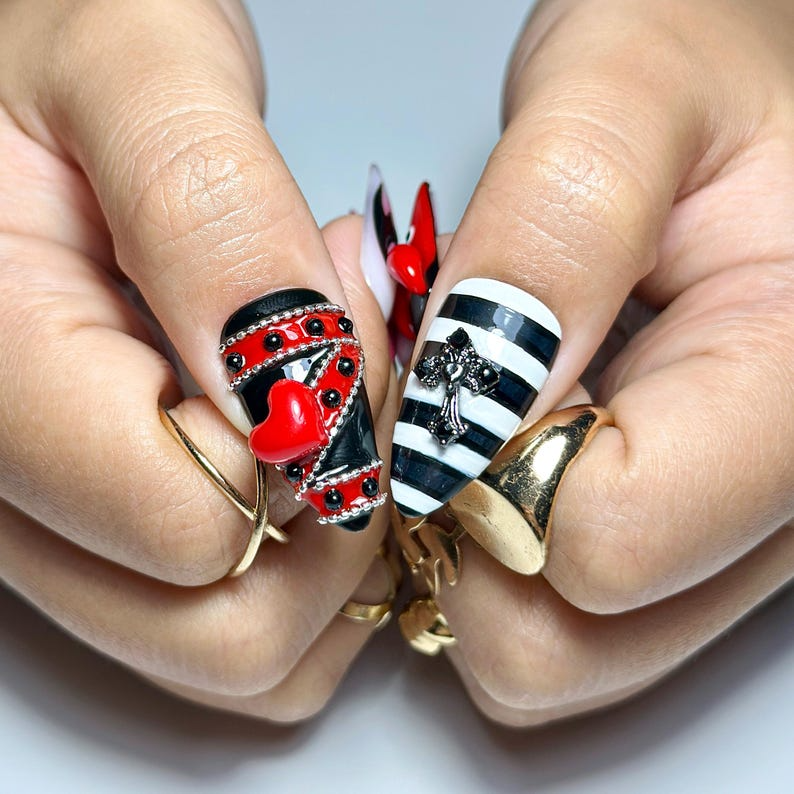 Gothic Halloween Press On Nails | Black Cross & Skull Fake Nails | Pink Cute Scary Nail Art |Cartoon Horror Press Ons |Horror Nails |HB581YC
