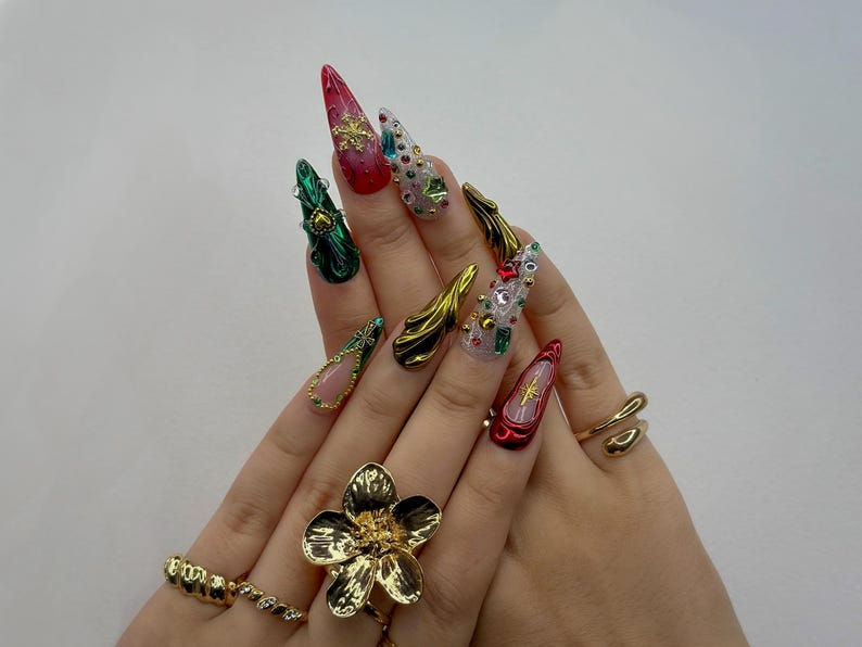 Luxe Ornament Christmas Press On Nails | 3D Holiday Nail Art | Red & Green Chrome Nails | Rhinestone Design | Festive Press Ons | JB214HC