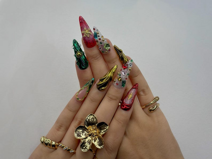 Luxe Ornament Christmas Press On Nails | 3D Holiday Nail Art | Red & Green Chrome Nails | Rhinestone Design | Festive Press Ons | JB214HC