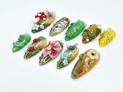 Enchanted Forest presson nails | 3D Mushroom Fairy Nail Art | Nature Inspired Press Ons |3D Fairy Garden Fake nails |Magical Nails |HB952YK
