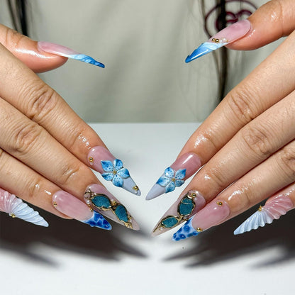 Ocean Marble Almond Press On Nails with 3D Flowers, Gold Detail | Coastal Vacation Nails | OC1309NK
