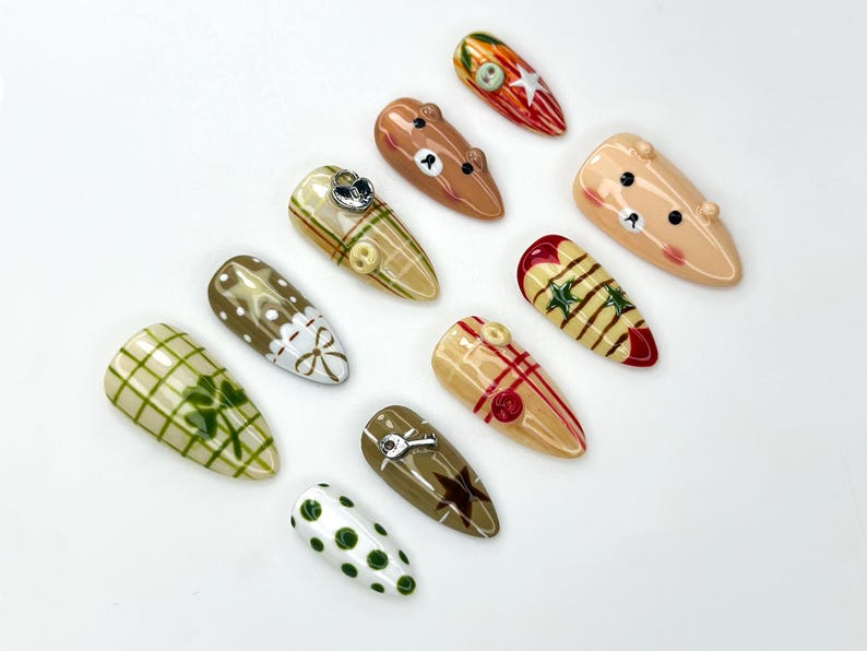 Cozy Forest Bear Press On Nails | Plaid And Polka Dot Fall Nail Art | Green & Brown Nature-Inspired Nails | Cute Bear Accent Nails| HC1167BK