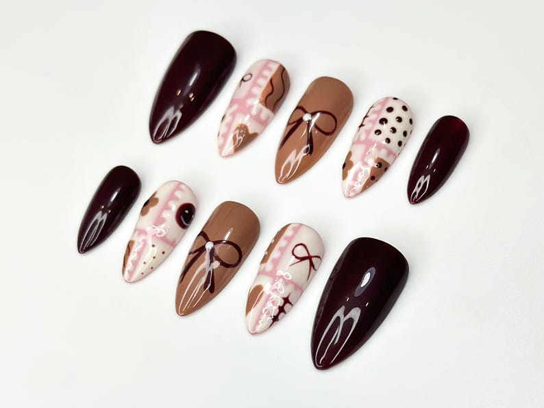 Chocolate Autumn Press On Nails | Sweet Treats-Inspired Nail Art | Soft Pink & Brown Handcrafted Design | Handmade Unique Nail Set | JB182HC
