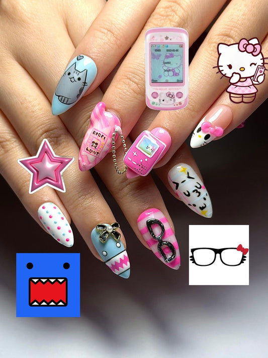 Cute Y2K Press On Nails | Cute Pink Gamer Nail Art | Harajuku Cartoon Nails | Retro Tech ss Ons | Handm3D Preade Pastel Nails | OB383HC