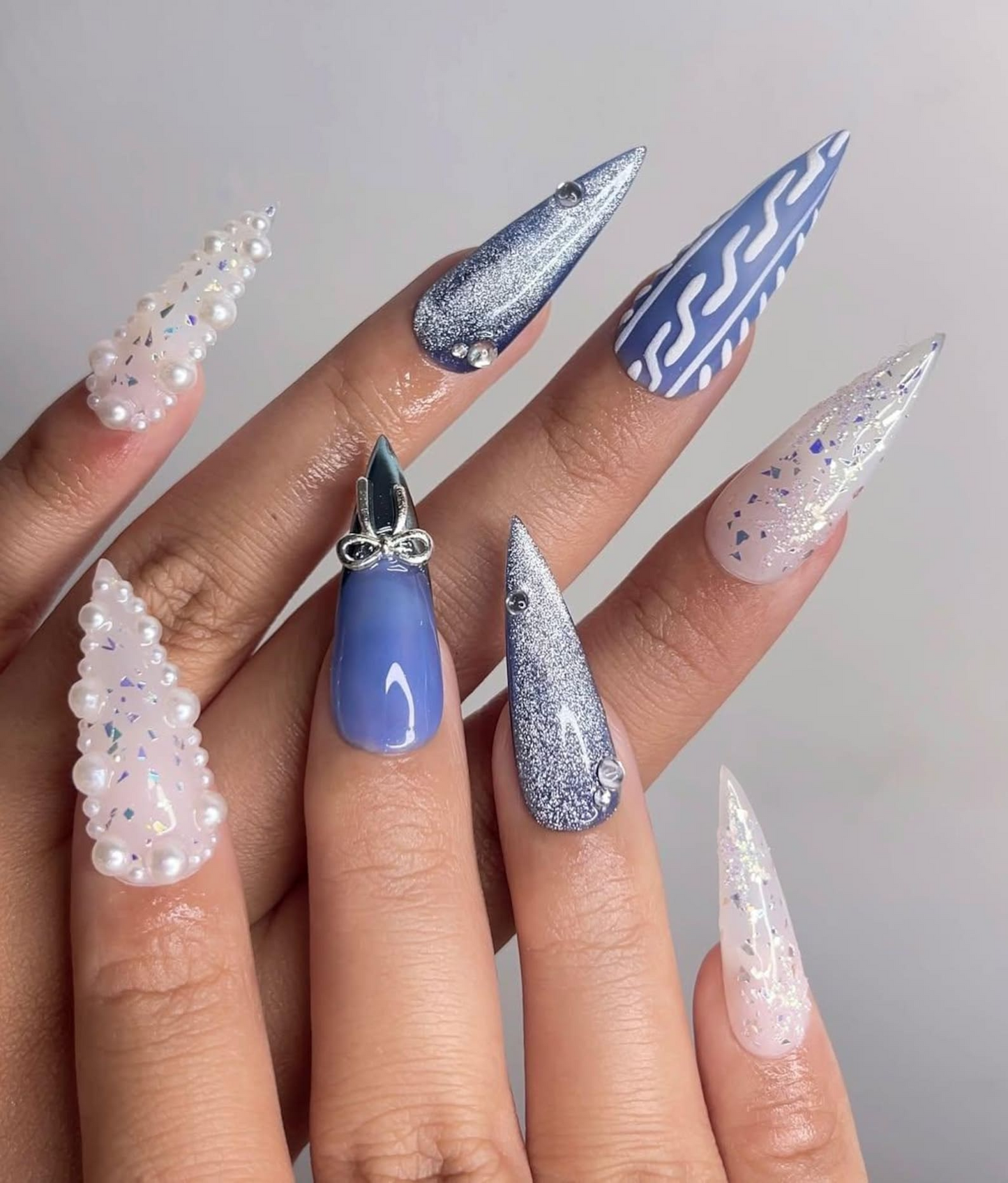 Frosted Winter Elegance Christmas Nails | Icy Blue Chrome Nail Art | Pearl Snowflake Design | Winter Wonderland Nails | Luxury Nail|HB1199HK