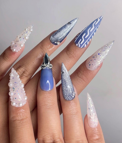 Frosted Winter Elegance Christmas Nails | Icy Blue Chrome Nail Art | Pearl Snowflake Design | Winter Wonderland Nails | Luxury Nail|HB1199HK