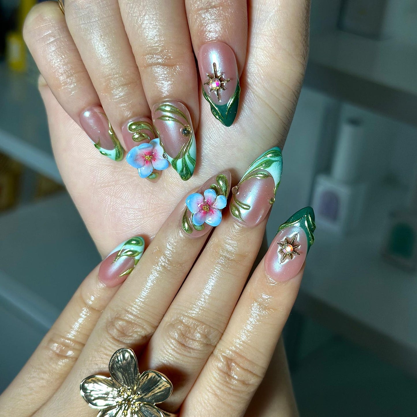 3D Floral Press On Nails | Green Leaf Pink Chrome Nails | Handmade Flower Nail Art | Elegant Spring Nails | Luxury Almond Nails | HC1308NC