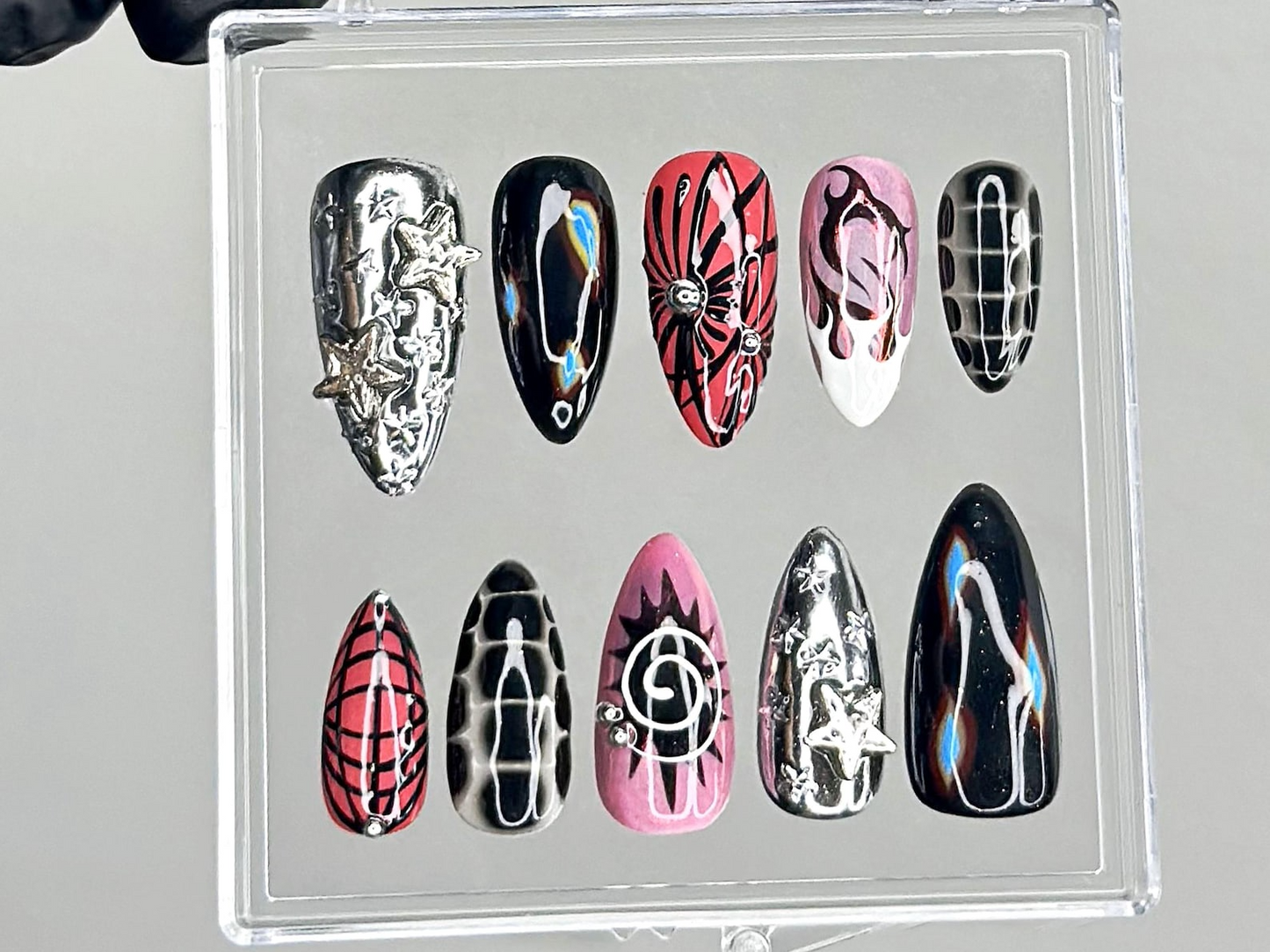 Chrome Flame Press On Nails | Gothic Spider Nail Art | Flame Spider Press Ons | Cyber Y2K Fake Nails | Emo Butterfly Press Ons | HC945YC