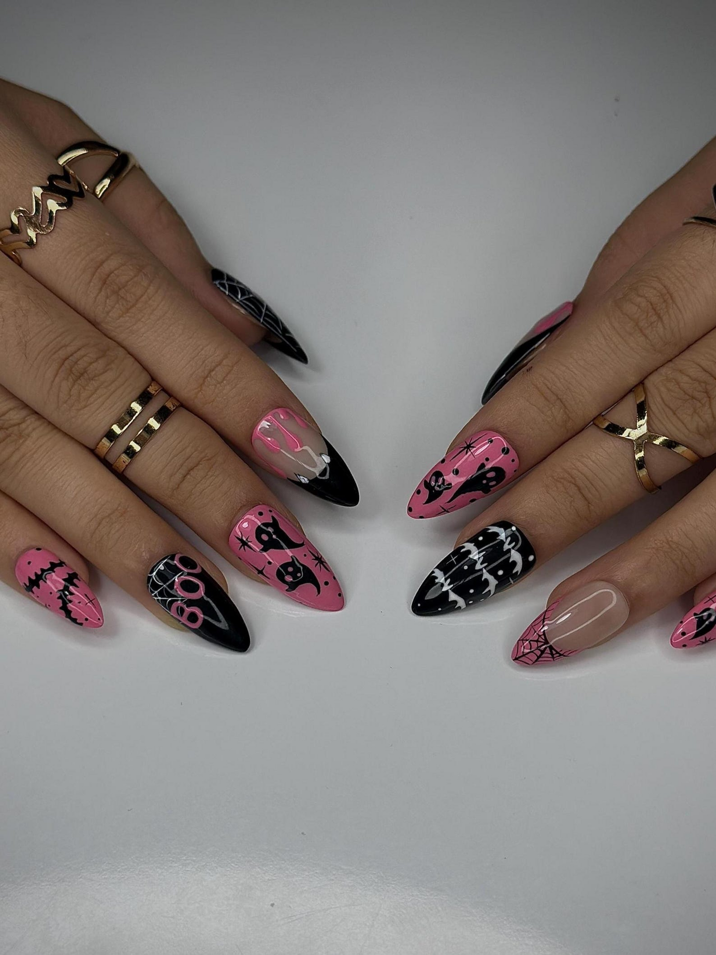 Pink Spooky Ghost Press On Nails | Cute Halloween Nail Art | Black & Pink Spiderweb Nail |Girly Gothic Press Ons |Creepy Cute Nail | JC144HC