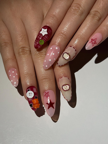 Kawaii Teddy Bear Press On Nails | Cute Teddy & Button Nail Art | Handmade Kawaii Nails | Pink Plaid Press Ons | Cute Core Nails | OB1022H