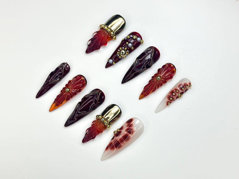 Luxury Red Gold Press On Nails | 3D Floral Stiletto Nails | Elegant Autumn Nail Art | Handmade Statement Nail Set | JC1119BK