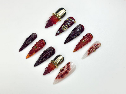 Luxury Red Gold Press On Nails | 3D Floral Stiletto Nails | Elegant Autumn Nail Art | Handmade Statement Nail Set | JC1119BK