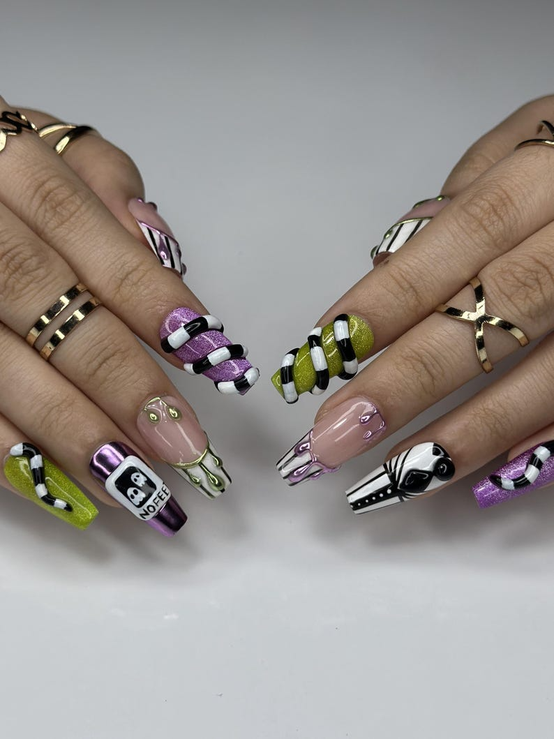 Spooky Stripes Press On Nails | Beetle-Inspired Gothic Nail Art | Handmade Creepy Cute Nails | Halloween Party Nail Art |