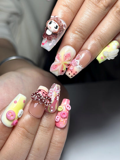 Kawaii Pastel 3D Cartoon Press On Nails | Cute Flower Nail Set | Pink Yellow Sweet Nails | Handmade Nails | Unique Character Nails| HB1306IC