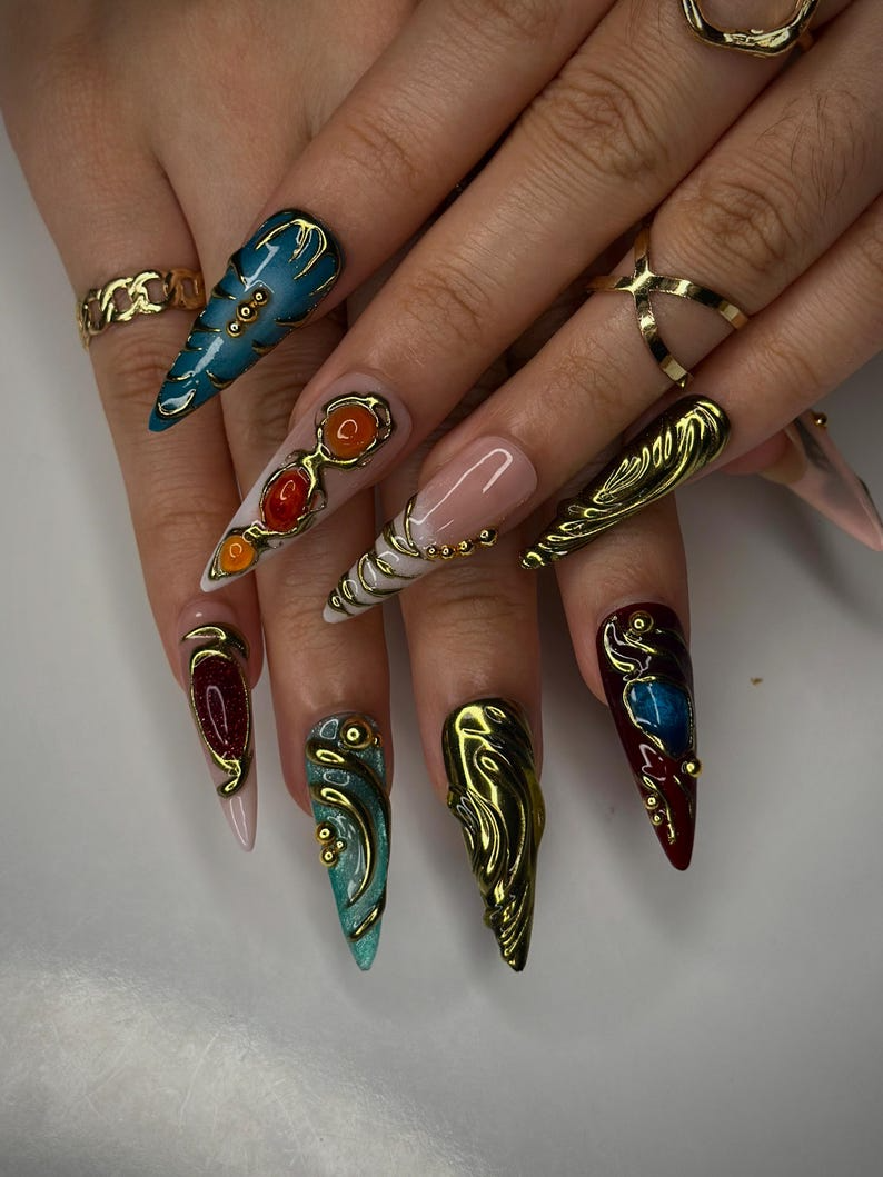 Colorful 3D Texture Press On Nails | 3D Gemstone Royalty Nail Art | Handmade Luxury Statement Nails | Elegant Fantasy Nail Set | JB148HK
