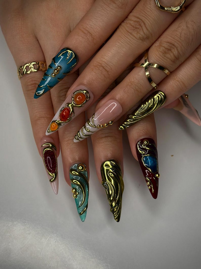 Colorful 3D Texture Press On Nails | 3D Gemstone Royalty Nail Art | Handmade Luxury Statement Nails | Elegant Fantasy Nail Set | JB148HK