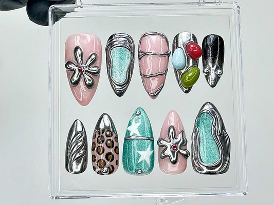 Chrome Abstract Press On Nails | Y2K Futuristic Jellybean Fake nails | Star & Flower Art Nail Art | Futuristic Y2K Chrome Nails | HB941YK
