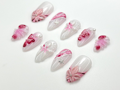 Blush Bloom Pink Press On Nails | 3D Pink Petal & Pearl Nail Art | Elegant Floral Gradient Nails | Romantic Nail | Soft Pink Nails | JC980HC