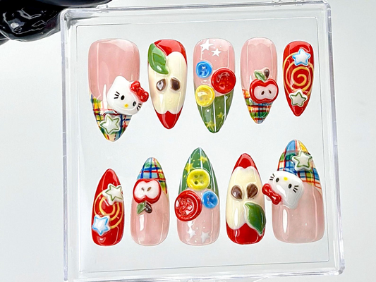 Hello Kitty Apple Press On Nails | Kawaii Cartoon Fake Nails | Fun 3D Fruit Nail Art | Playful Japanese Nails | Kawaii Nails | HB904YK