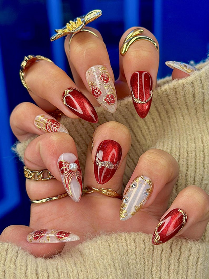 Press On Nails For Christmas | Holiday Christmas Nails | Gold Leaf Luxury Nail Art | Pearl Accent Classy Nails | JB210EC