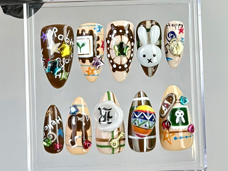 Easter Egg & Bunny Almond Nails | Pastel Chocolate Nail Art |Kawaii Bunny Fake Nails |Drip Chocolate Nails |Cute Bunny Kawaii Nails |HB767YC