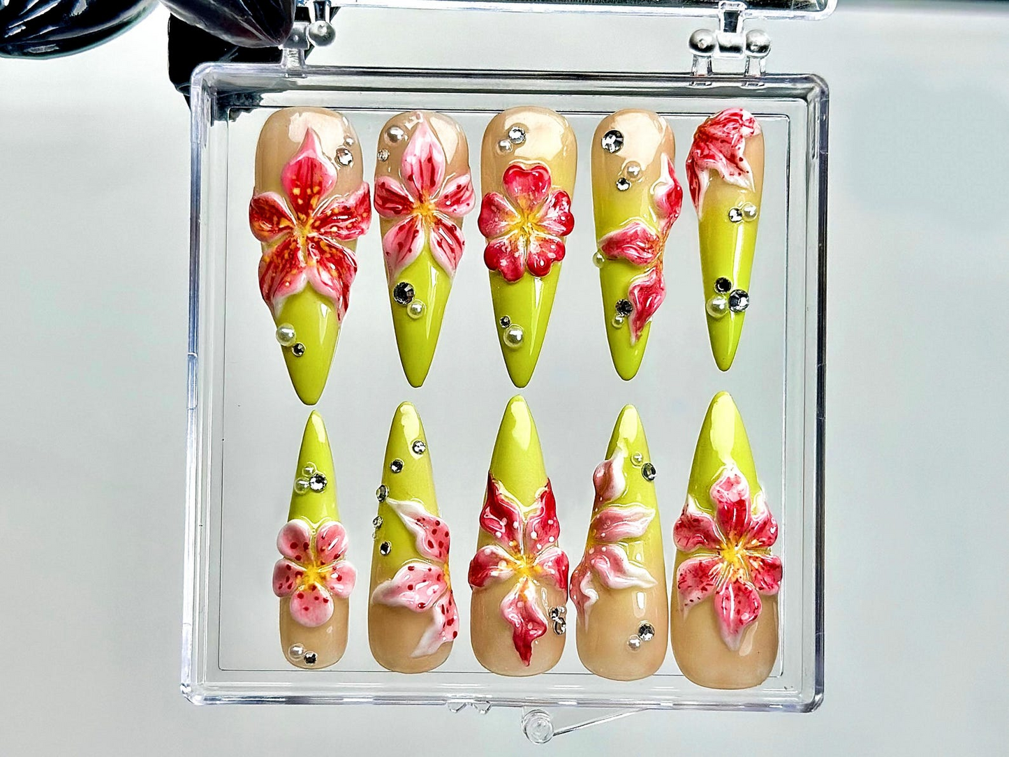 Lime Blossom Fantasy Press On Nails | 3D Tropical Flower Nail Art |Neon Green & Pink Ombre Nails | Summer Bloom Stiletto Press Ons |HB1019EK