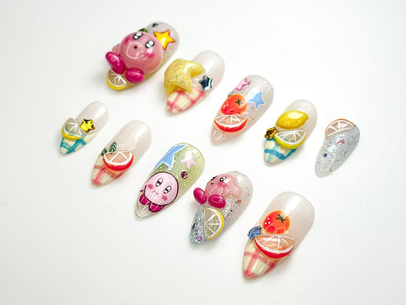 Kirby Pink Cute Press On Nails | 3D Kirby & Citrus Nail Art | Colorful Kawaii Press Ons | Handmade Cute Cartoon Nail Set | JB124HC