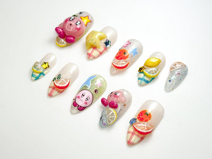 Kirby Pink Cute Press On Nails | 3D Kirby & Citrus Nail Art | Colorful Kawaii Press Ons | Handmade Cute Cartoon Nail Set | JB124HC