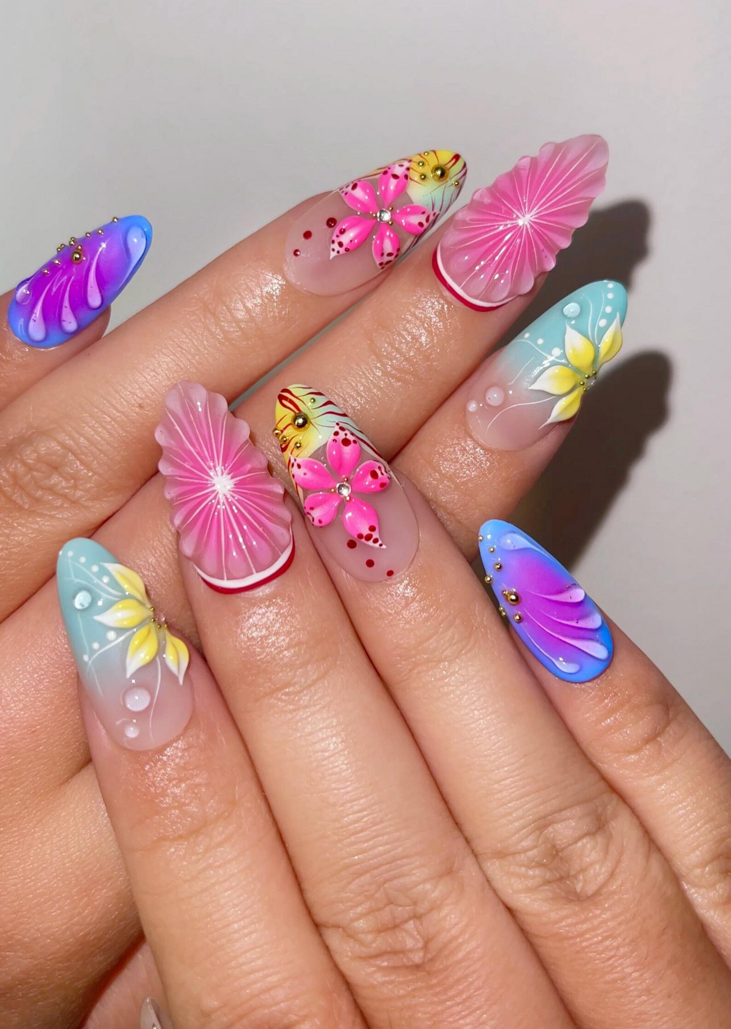Tropical Bloom Press On Nails | 3D Flower Summer Nails | Colorful Citrus Slice Nails | Hand Painted Floral Nails | Vacation Nails | JB319H