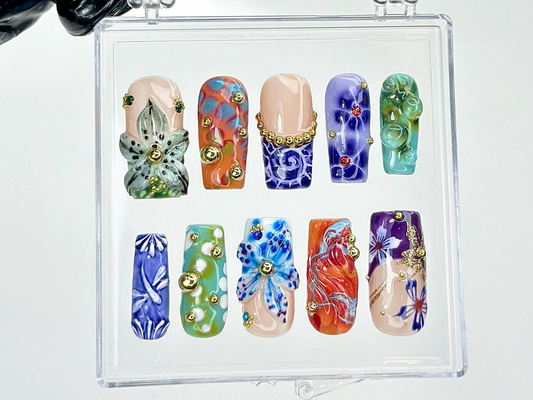 Colorful Glass Flower Press On Nails | Glass-Inspired Nail Art | Resin Floral Design Press Ons | Luxury Artistic Fake nails | HB958YC